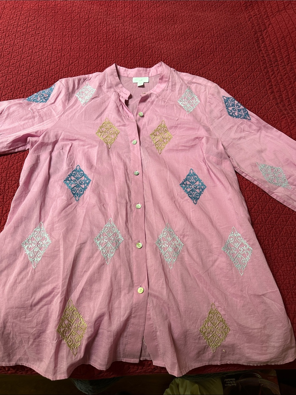 J. Jill Pink Button-Front Embroidered Tunic